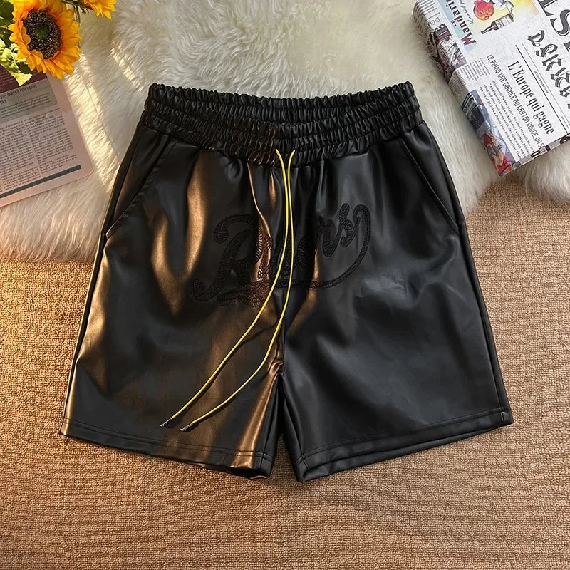 Trendy Brand Men's Shorts Environmental Friendly Leather Pocket Zipper Drawstring Casual Fashionable Summer Loose-Fit Pants