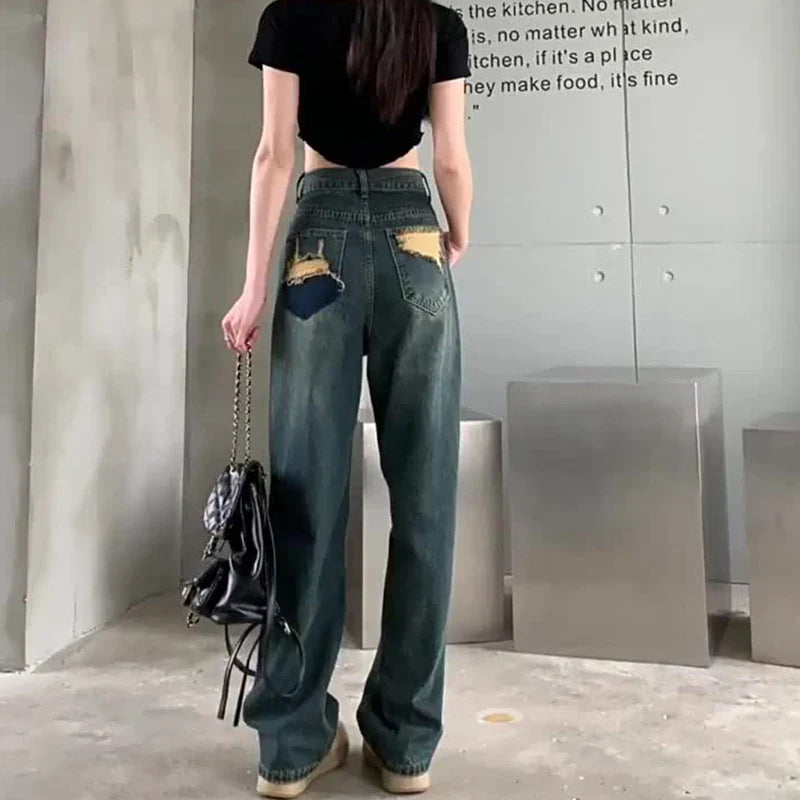 Wide Leg Jeans For Women High Waisted Contrasting Straight Leg Pant Autumn lady Loose Pants Streetwear