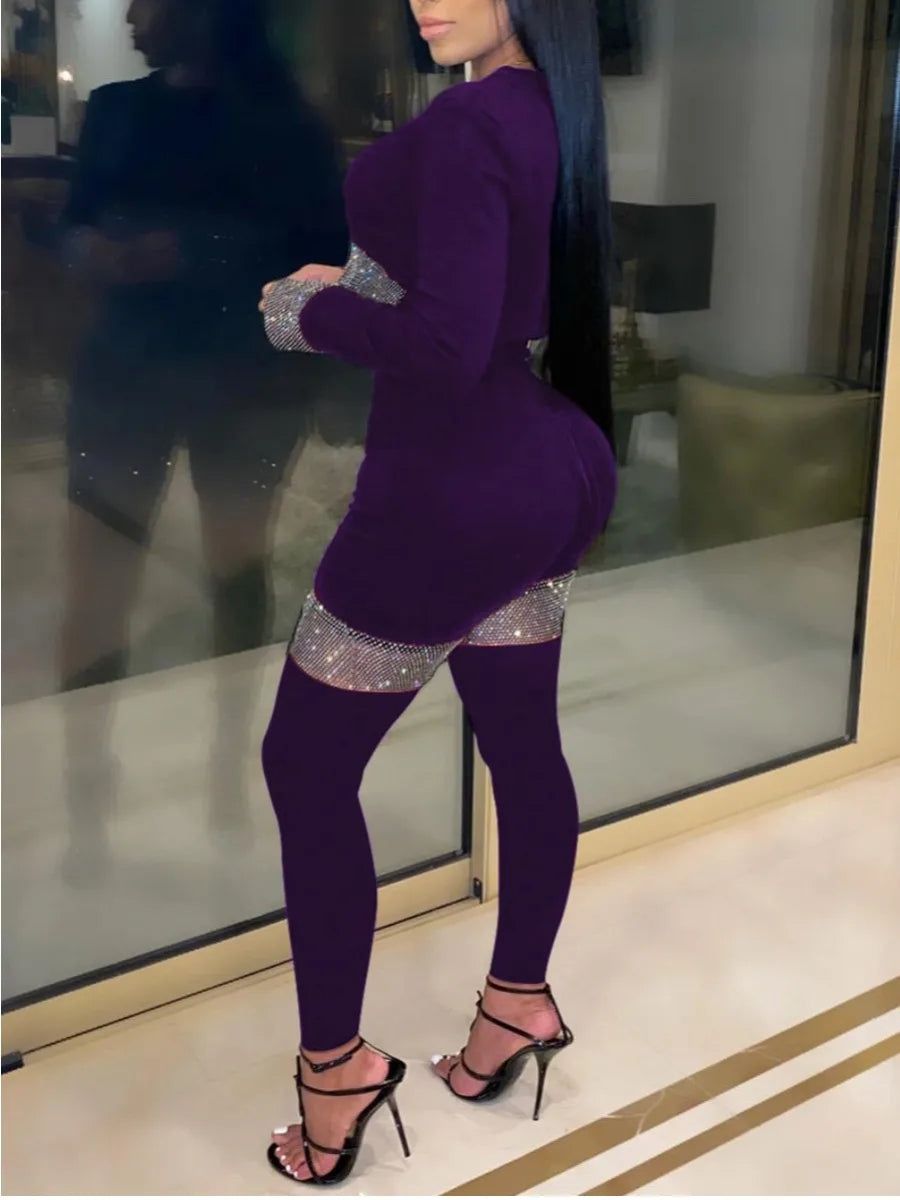 LW Plus Size Two Pieces Set Crop Top See Through Sequined Pants Set Autumn New Fashion Women's Long Sleeve Top Skinny Pants Set