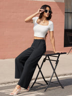 TACVASEN High Waisted Fashion Wide Leg Trousers Womens Loose Casual Long Pants Lightweight Soft Button Closure 2 Pockets Pants