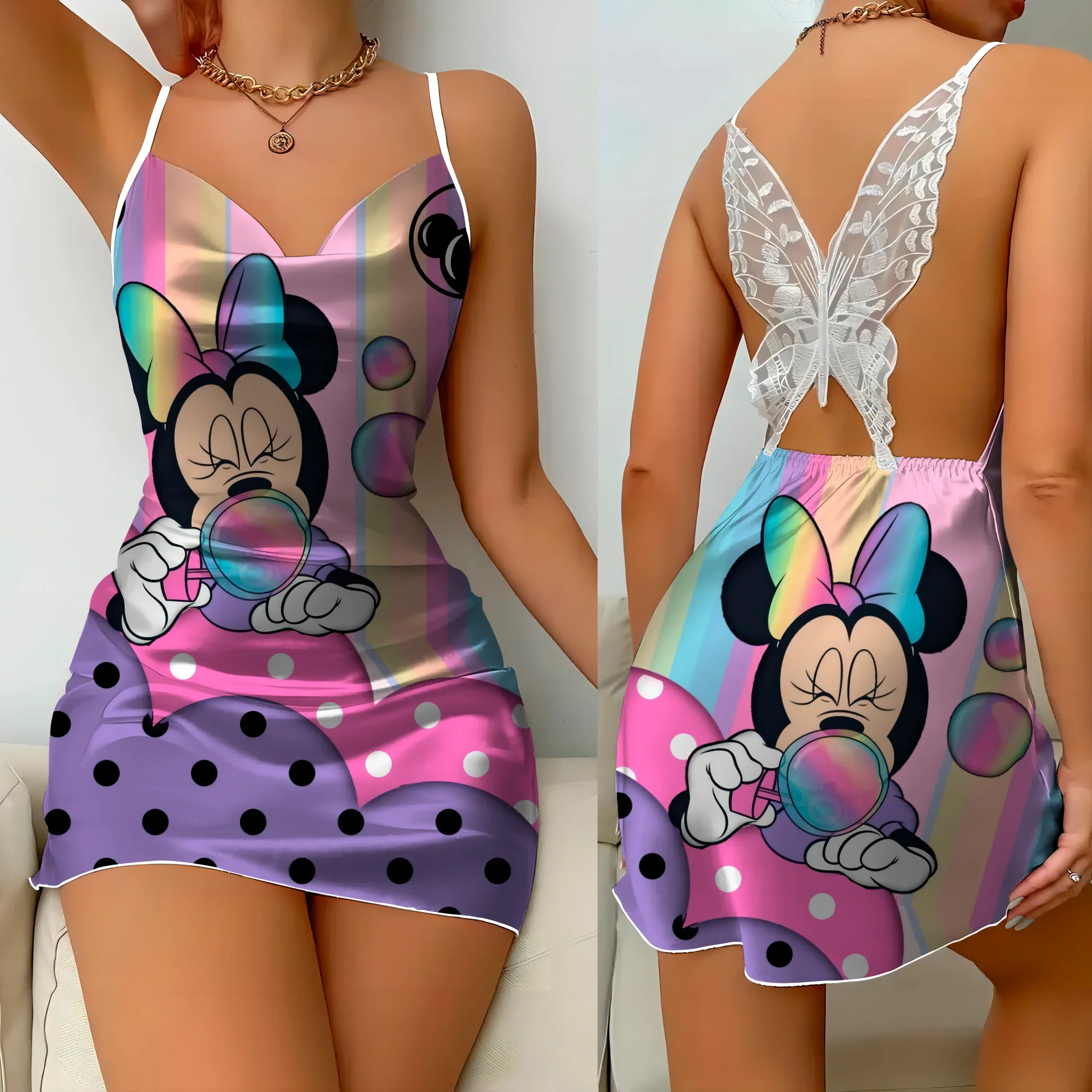 Mini Dress Pajama Skirt Bow Knot Party Dresses Satin Surface Minnie Mouse Mickey Womens Fashion Summer 2025 Elegant Women