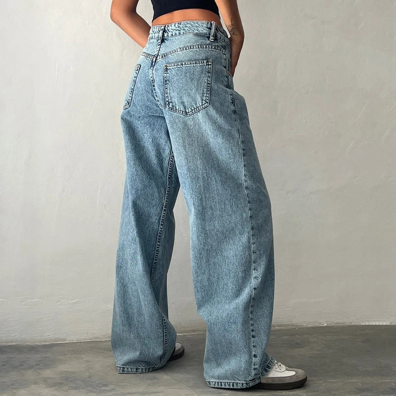 Maemukilabe Women Y2K Low Rise Baggy Jeans Retro Aesthetic Loose Fit Boyfriend Straight Wide Leg Jeans Trendy Stretch Denim Pant