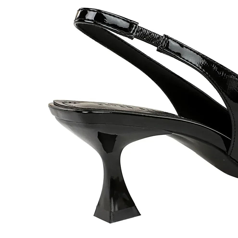 Women 6cm High Heels Retro Streetwear Catwalk Sandles Lady Daily Work Slingback Strap Elastic Mid Heels Glossy Leather Sandals