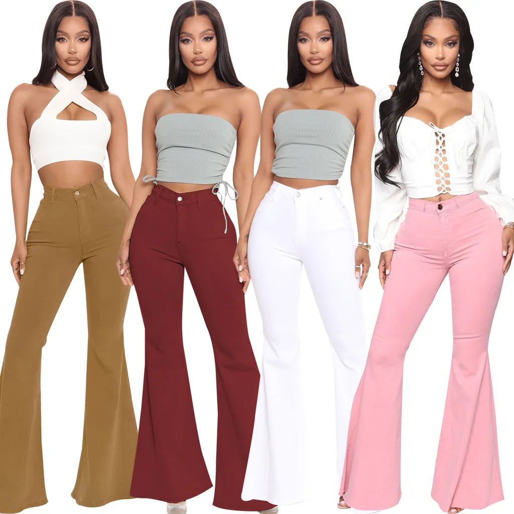 Women Jeans Flare Pants Sexy Denim Long Pant Hip Wrap Casual Solid Elegant Splice Regular Slim Fit High Waist Trousers Summer