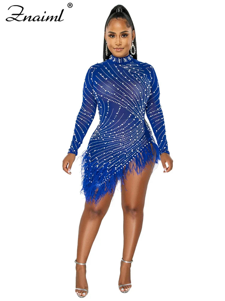 Znaiml Luxury 2023 Evening Celebrity Feathers Sheer Mesh Short Dresses for Women Sexy Pearls Rhinestones Party Birthday Vestidos