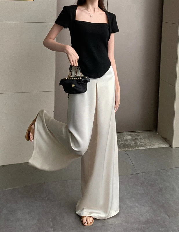 High-Grade Acetate Satin Wide-Leg Pants Women Spring Bell-Bottoms Pants Loose Casual Pants High Waist Oversized Long Pantalons
