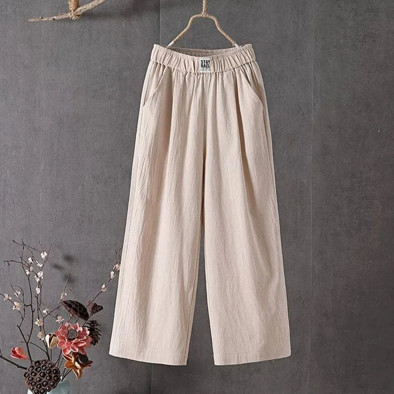 Lucyever Summer Elastic Waist Women's Pants Casual Solid Cotton Linen Ankle Length Pants Female 2023 High Quality Loose Trousers
