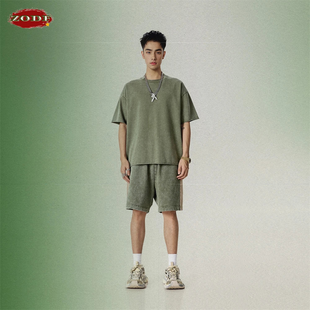 ZODF Vintage Men Washed 370gsm Cotton Shorts Unisex High Street Patchwork Distressed Shorts Brand Clothes HY1026