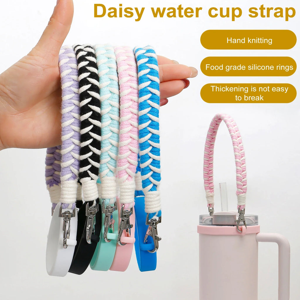 Water Bottle Handle Strap Handmade Flower 16-40oz Tumbler Silicone Safety Ring Cotton Rope Flower Durable Water Bottle Strap