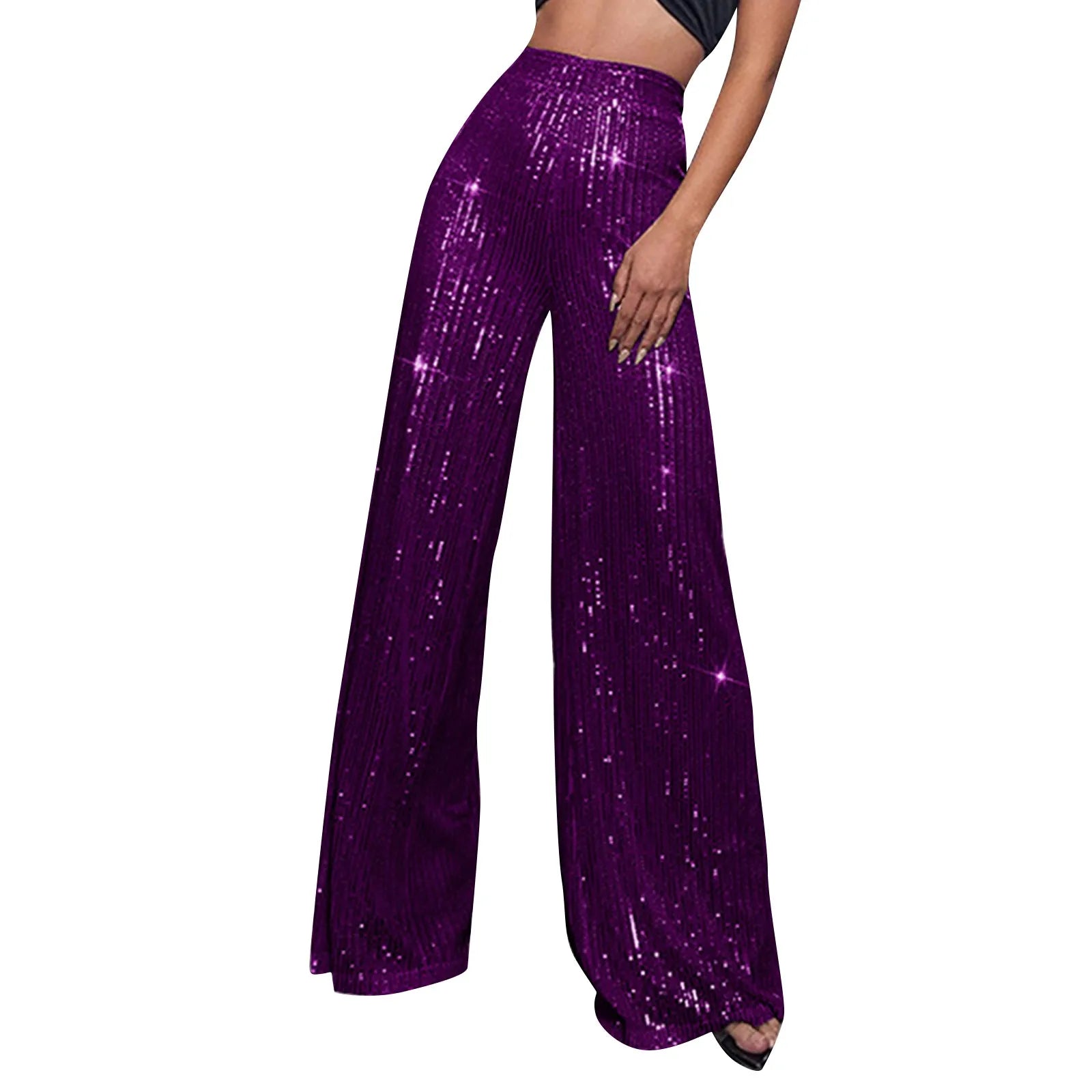 Women's Fashion Solid Color High Waist Sequin Side Zipper Draped Wide Leg Pants Pants for Women Women's Pants Women's Pants 2024