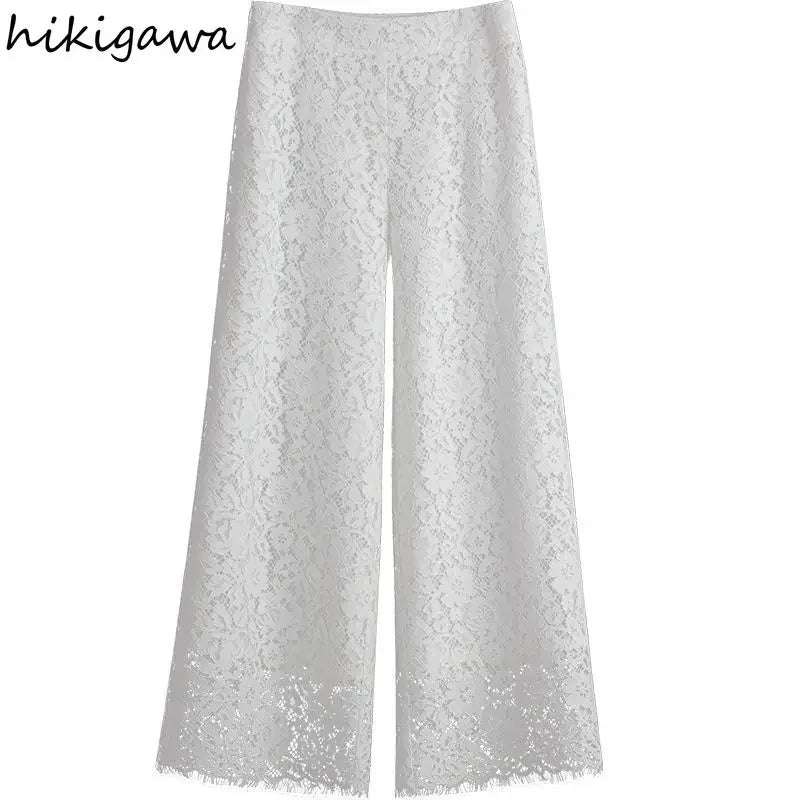 Lace Wide Leg Pants for Women 2025 New Bottoms Loose Straight Trousers High Waist Solid Color Temperament Summer Pantalon Femme