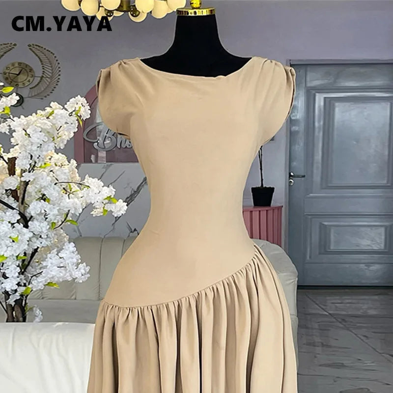 CM.YAYA Women Ruched Shoulder Big Swing Ball Gown Pleated Vintage Dress 2025 Sexy Club Party Evening High Street Dresses
