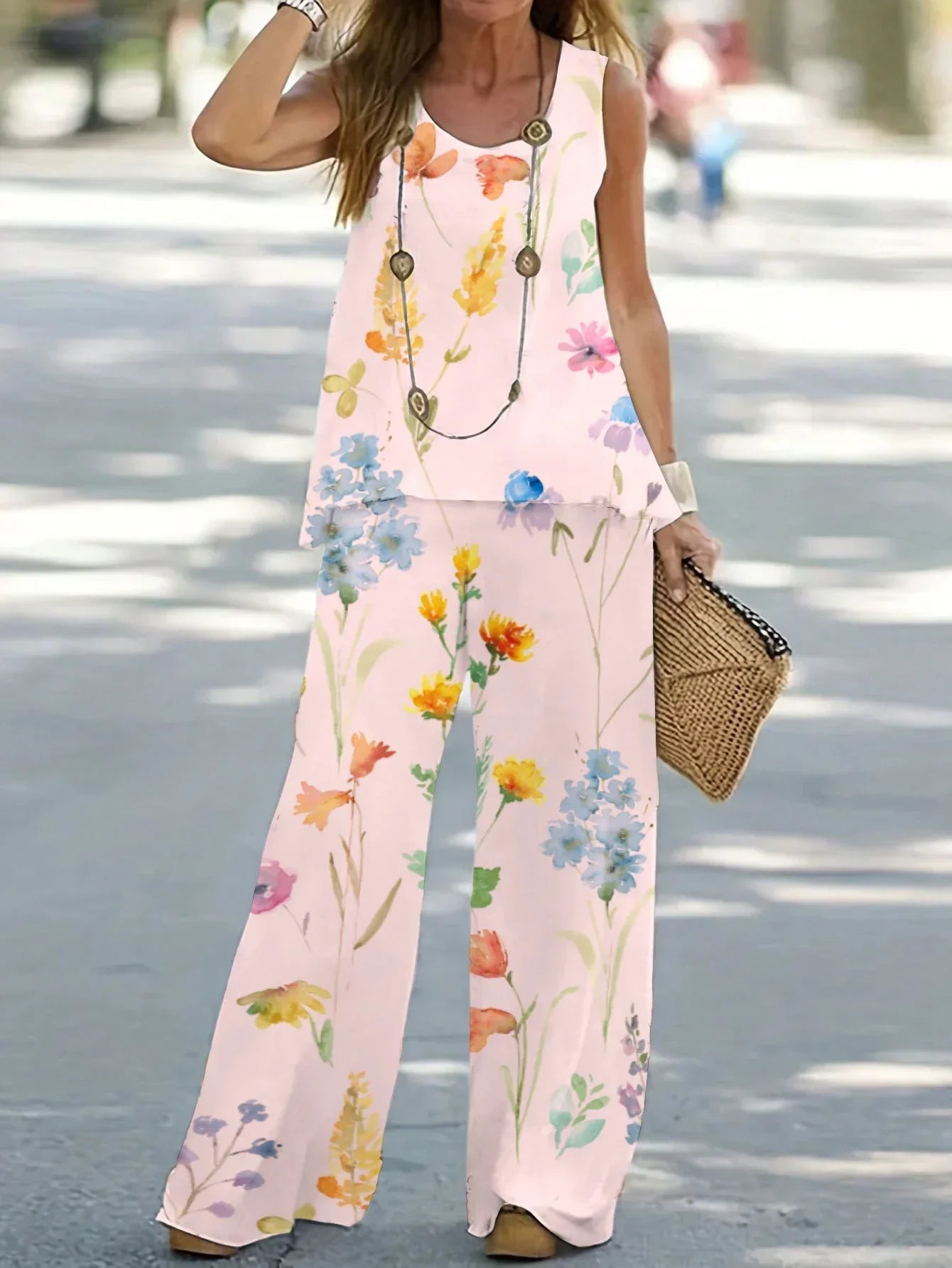 Women's1XL-8XL Plus Size Round Neck Casual Outfits Two Piece Set Solid Tank Top Wide Leg Pants Outfits 2 Piece Set