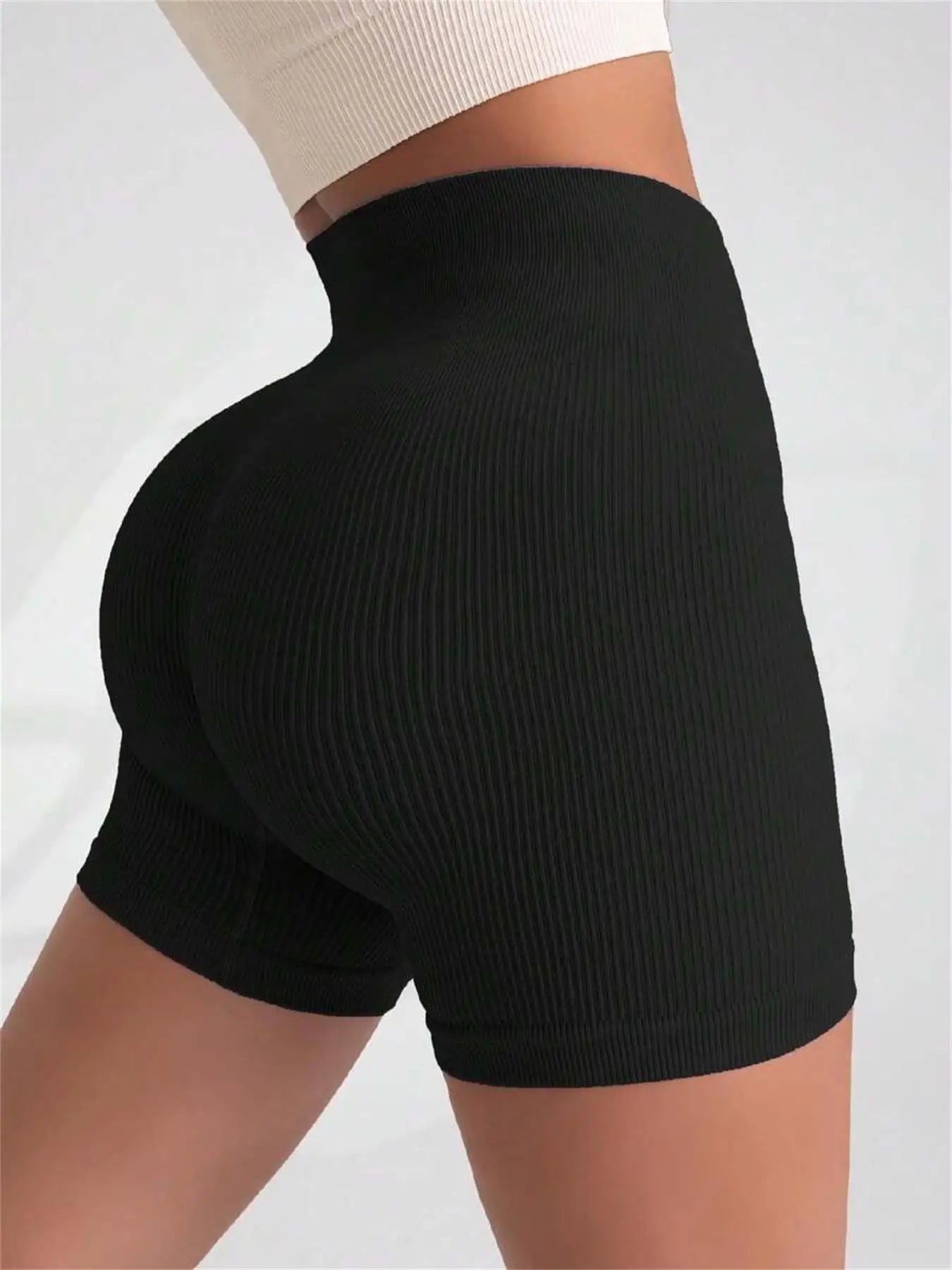 High-waisted Yoga Pant For Women, Designed To Lift And Shape, Tight-fitting With Solid Color And Ribbed Texture, Sports  Shorts