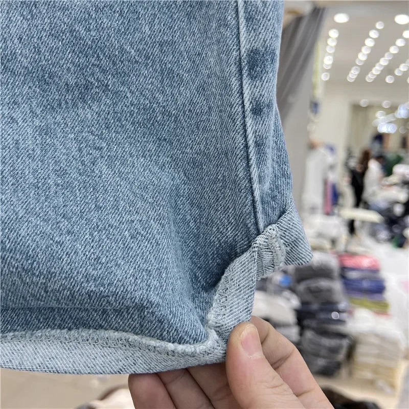 High-waisted Loose-fit Women's Jeans Slimming Style Casual A- line Trousers Ruffled Edges Lightweight Heat Pants