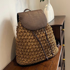 Vintage Straw Backpack Women's Fashion Shoulder Bag Versatile Straw Woven PU Leather Elegant Luxury Designer Backpack