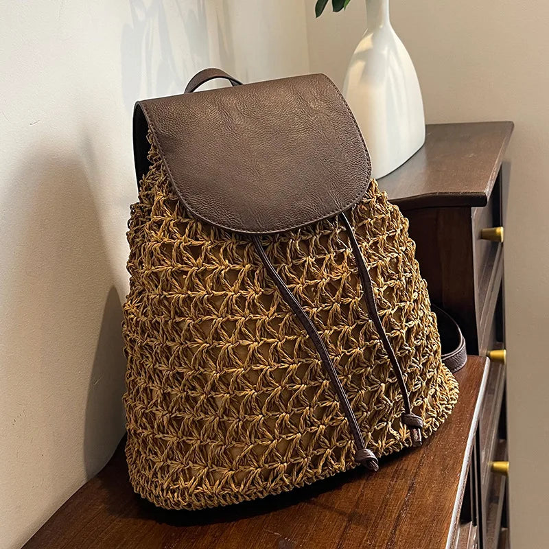 Vintage Straw Backpack Women's Fashion Shoulder Bag Versatile Straw Woven PU Leather Elegant Luxury Designer Backpack