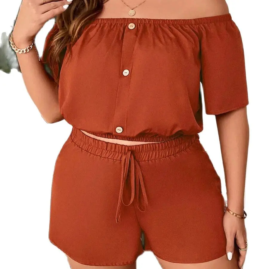 New Plus Size Women's Clothing New Casual One-shoulder Decorative Buckle Solid Colour Loose Short Sleeve Two-piece Set