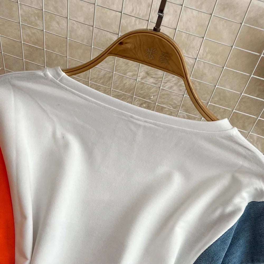 XFPV 2025 Summer Fashion Short Sleeve Round Neck High Waistband Slim A-line Denim Printed Patchwork Dress For Women SM11498