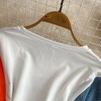 XFPV 2025 Summer Fashion Short Sleeve Round Neck High Waistband Slim A-line Denim Printed Patchwork Dress For Women SM11498