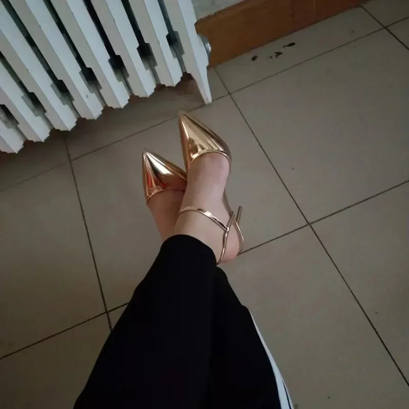 Women 10.5cm High Heels Sandals Lady Metallic Gold Silver Patent Leather Stripper Strap Sandles Wedding Fetish Nightclub Shoes