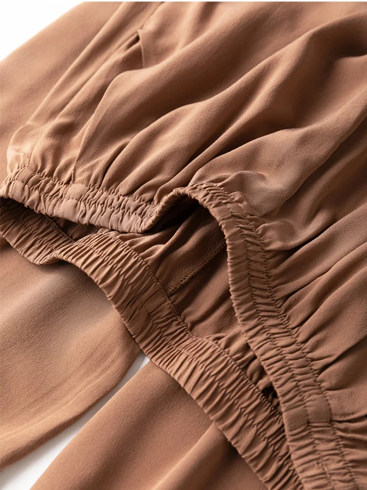 SuyaDream Women Wide Leg Pants 100%Real Silk Solid Elastic Waisted Ankle-length 2024 Office Spring Autumn Chic Trousers Black