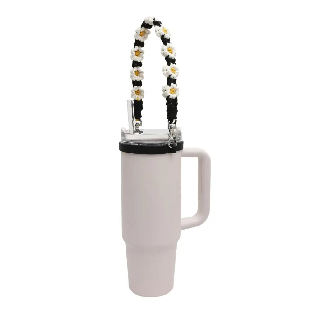 Water Bottle Handle Strap Handmade Flower 16-40oz Tumbler Silicone Safety Ring Cotton Rope Flower Durable Water Bottle Strap