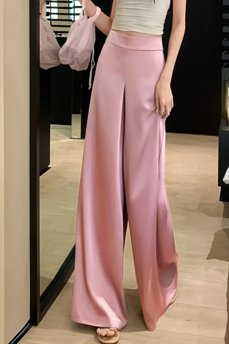 High-Grade Acetate Satin Wide-Leg Pants Women Spring Bell-Bottoms Pants Loose Casual Pants High Waist Oversized Long Pantalons