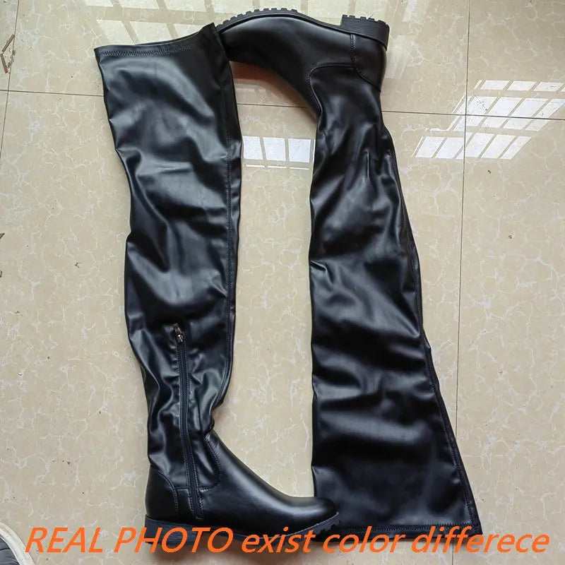 ANOVISHANA New Winter Autumn Over Knee Boots 3.5cm Square Heel Round Toe Leather Thigh High Fashion Big Size 45 46 47 48 US17