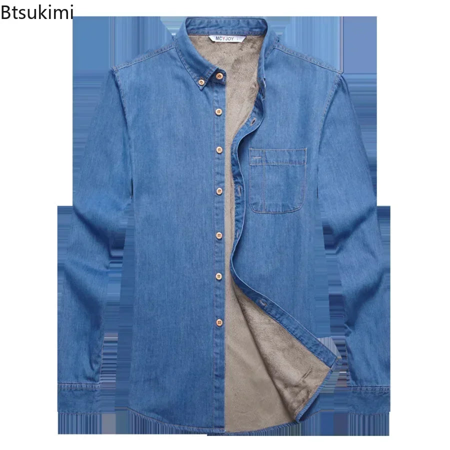 New 2025 Autumn Winter Warm Denim Jeans Dress Shirt Men Fleece Lined Velvet Shirts Button Down Brand Male Bottoming Men's Shirt