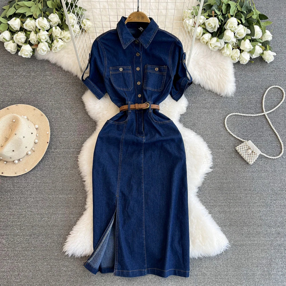 XFPV Women's Sweet Short Denim Dress For Women  Belt Slim Short Sleeved Vestidos Korean Fashion Spring Summer 2025 SM11153