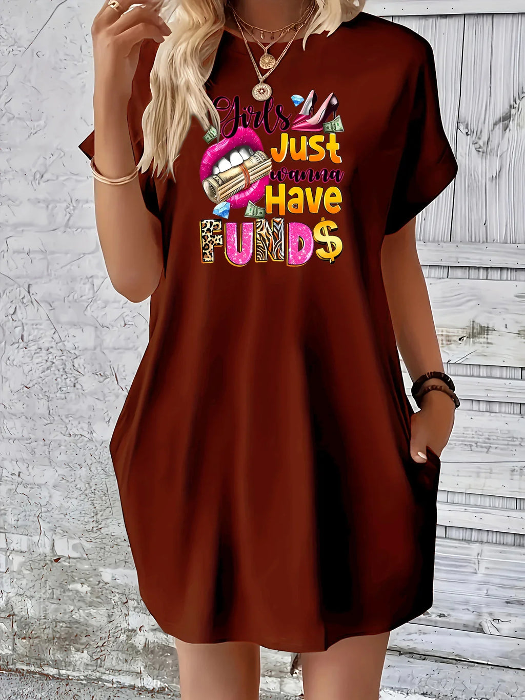 Women's summer lip print high heels pattern print casual loose plus size street wear round neck short sleeved pocket dress