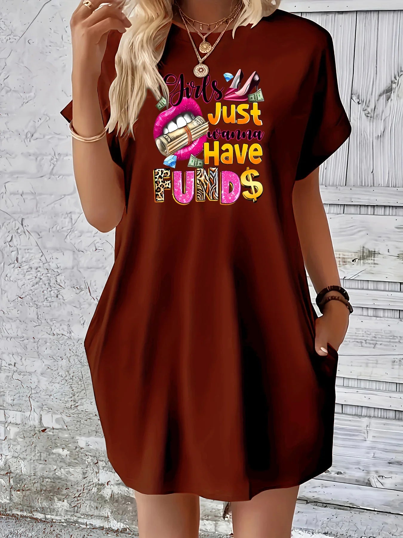 Women's summer lip print high heels pattern print casual loose plus size street wear round neck short sleeved pocket dress