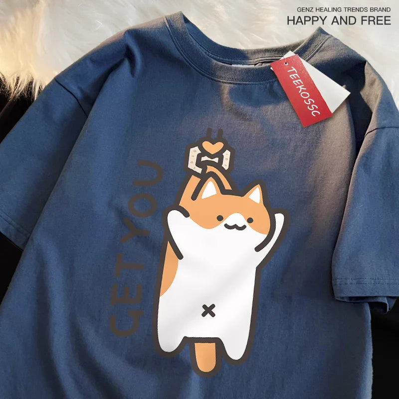 Catching Baby Fun Cat Print Japanese Style Clothes Men Fashion Oversize T-Shirt Casual O-neck Tops Summer Cotton Loose T Shirt