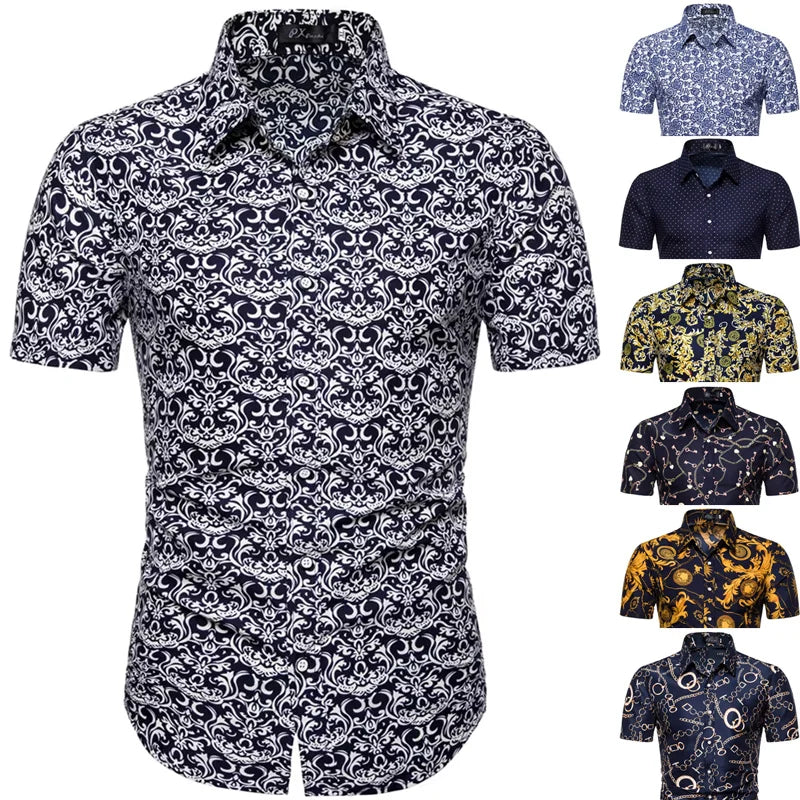 Summer New Men's Short Sleeved Shirt Thin Collar Hawaiian Style Floral Shirt Vacation Series Men's Shirt