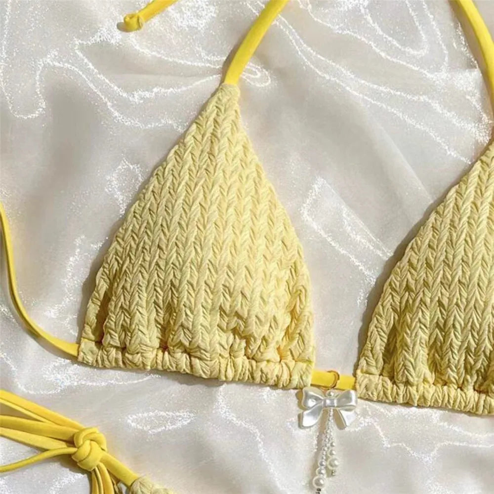 Yellow Halter String Triangle Micro Bikini Thong Solid Swimwears Micro Thong Sexy Swimsuit Women Bathing Suit Bikinis Sets 2025