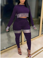 LW Plus Size Two Pieces Set Crop Top See Through Sequined Pants Set Autumn New Fashion Women's Long Sleeve Top Skinny Pants Set