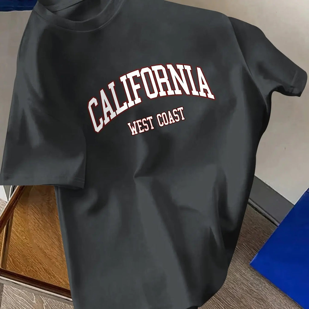 Men's Summer 100% Cotton Fashion California Letter Printed Loose Large Casual Comfortable Round Neck Short Sleeve T-shirt Top