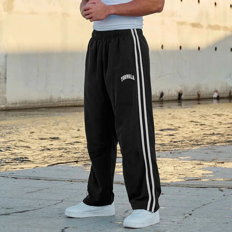 Men's Sweatpants Autumn Winter New Gym Sports Fitness Printed Ribbon Woven Mid Waist Straight Leg Pants Fashionable Casual Pants