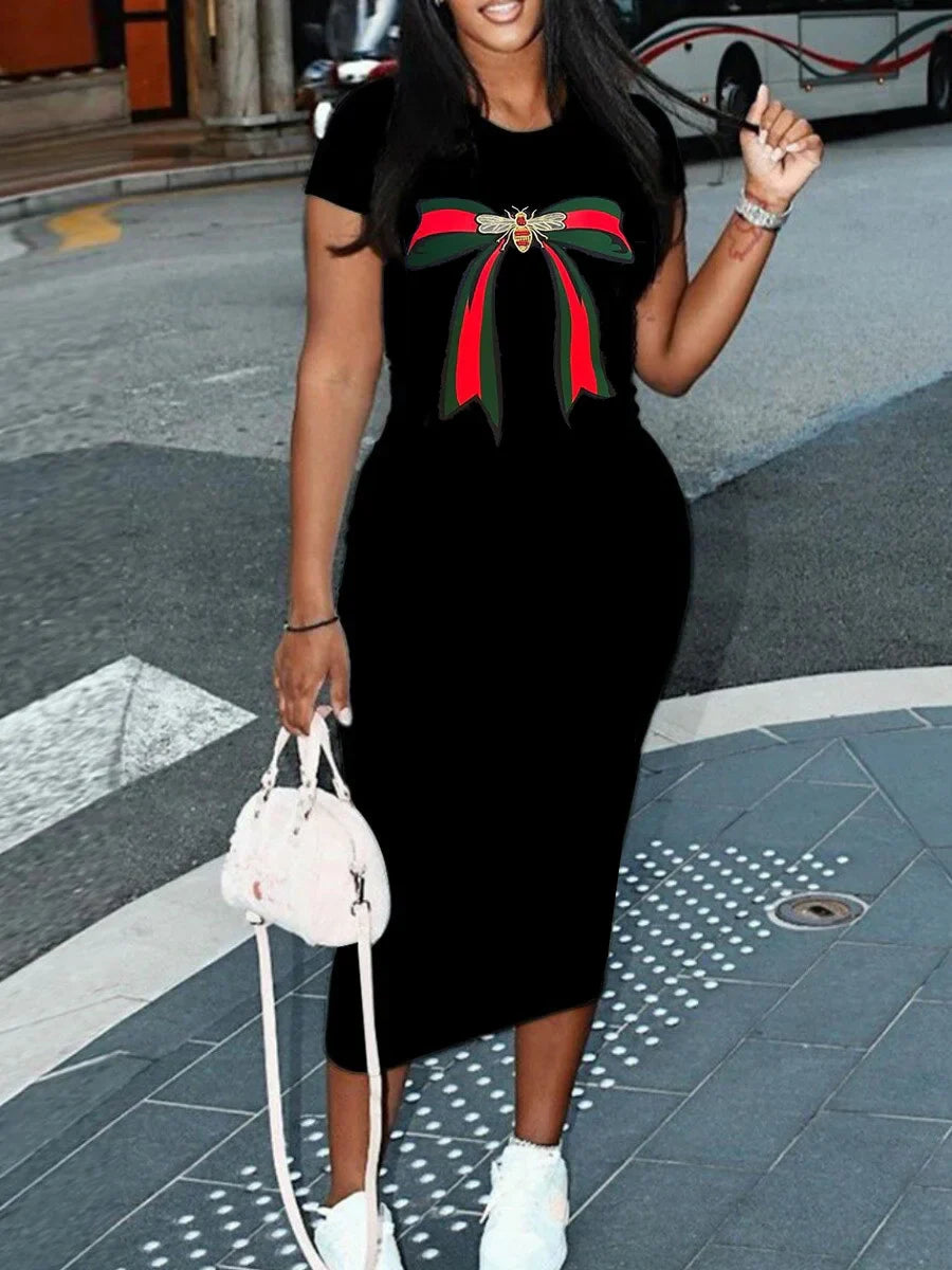 Summer Queen print short sleeved women's Solid Color Short Sleeved sexy dress Top Sexy Slim Fit Tight Women's Dress