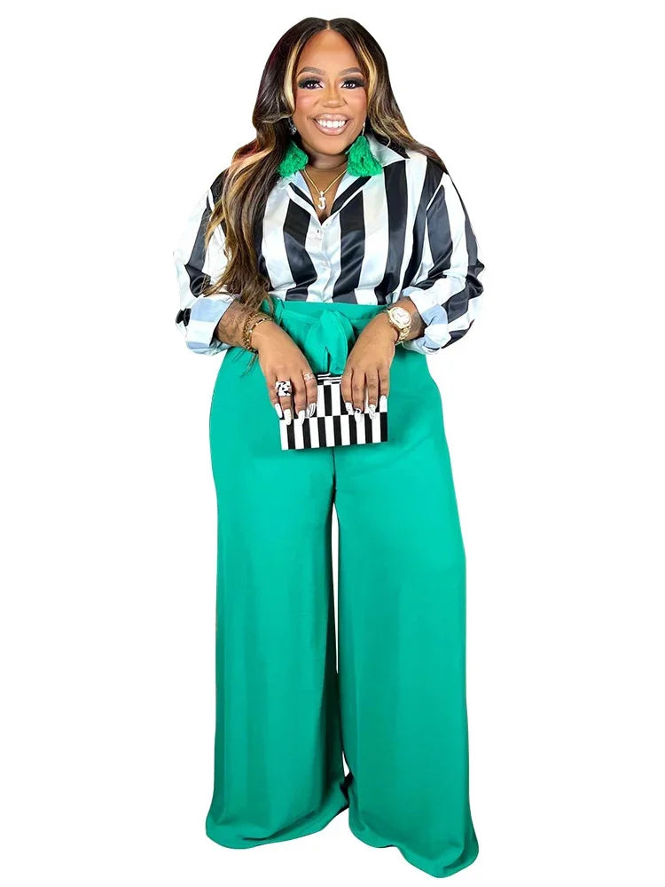 Wmstar Plus Size Women 2 Piece Clothes Print High Waist Long Sleeve Top Wide Leg Fashion Office Lady Casual Matching Pants Sets