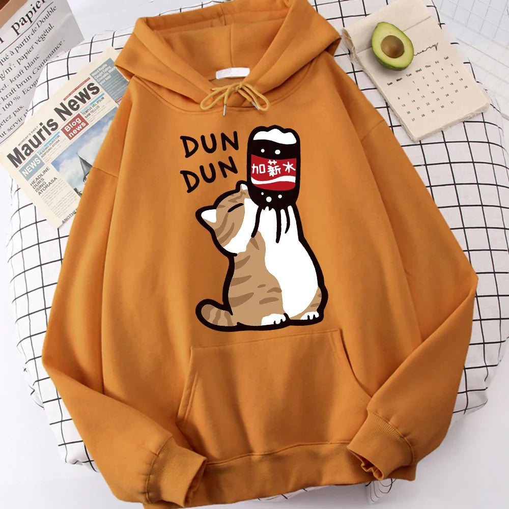 Cartoon Cat Drink Salary Increase Beverages Mens Hooded Jacket Casual Cartoon Hoodies Pleasure Sweatshirts Home Harajuku Tops
