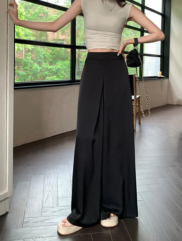 High-Grade Acetate Satin Wide-Leg Pants Women Spring Bell-Bottoms Pants Loose Casual Pants High Waist Oversized Long Pantalons