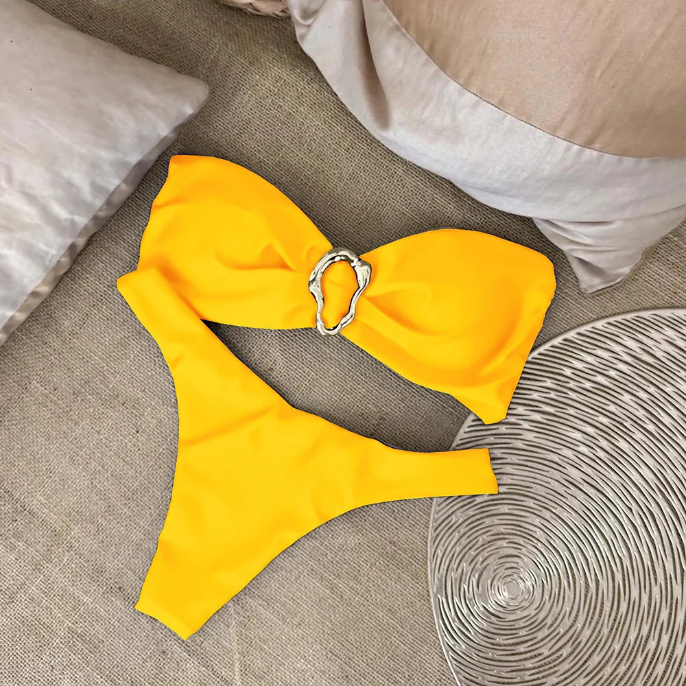Bandeau Bikini Push Up Swimwear Women Swimsuits 2025 Sexy Brazilian Bikini Set Thong Micro Biquini Female Solid Beachwear