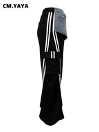 CM.YAYA Fashion Women Denim Patchwork Pocket Side Wide Leg Loose Jogger Pants 2024 Active Jean Splicing Sweatpants Trousers