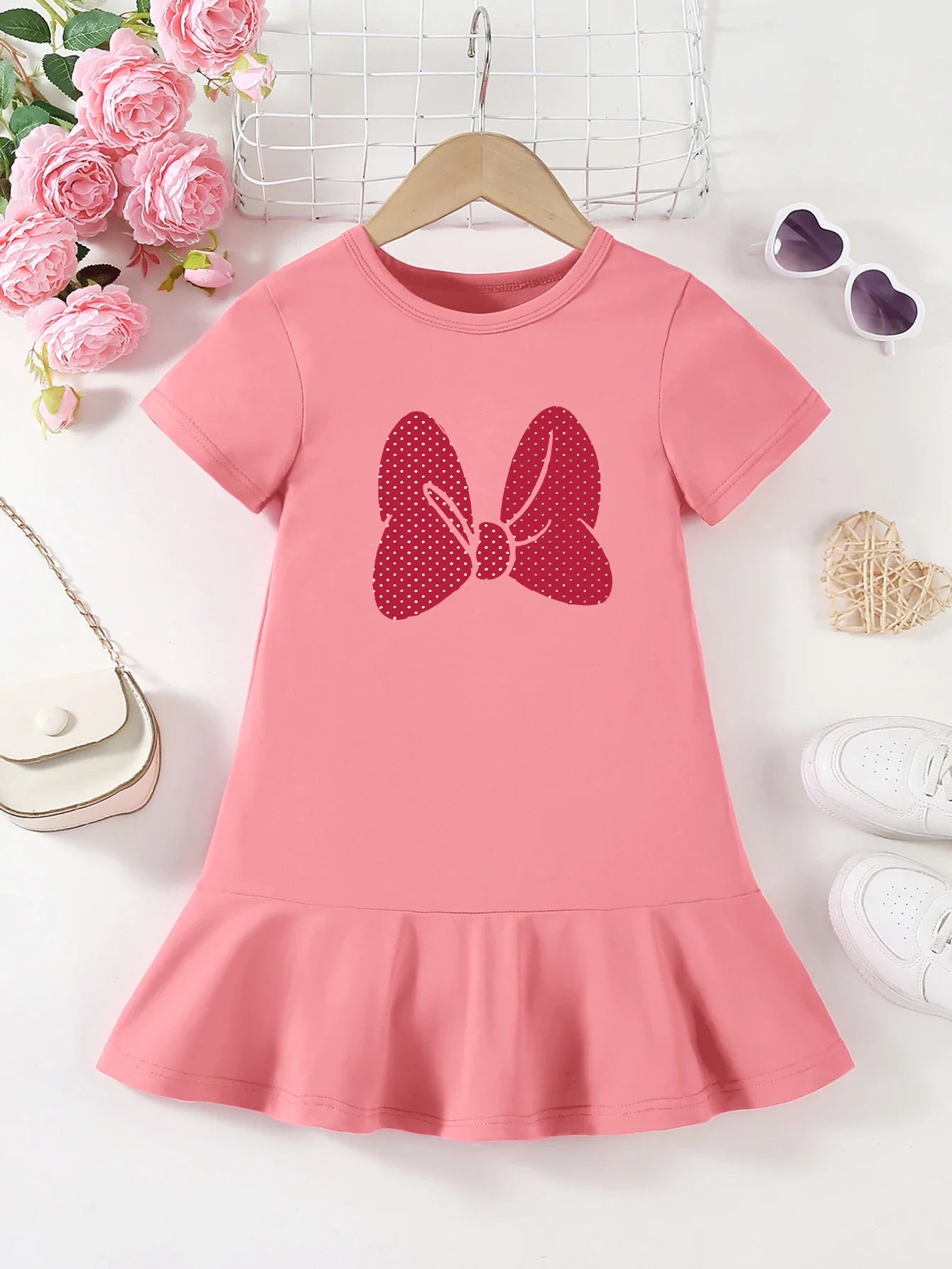 Girls' summer comfortable pattern printed ruffle edge dress, fashionable solid color versatile, suitable for outdoor leisure