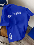 Men's Summer 100% Cotton Fashion Los Angeles Letter Printed Loose Large Casual Comfortable Round Neck Short Sleeve T-shirt Top