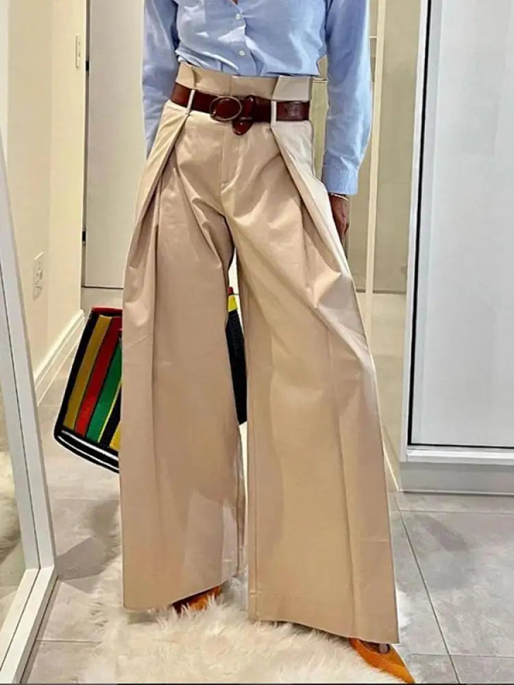 Freeacy 2024 Women's Fashion Commuter Pants Apricot Elastic High Waist Pleated Trousers Full-Length Wide Leg Bottoms for Female