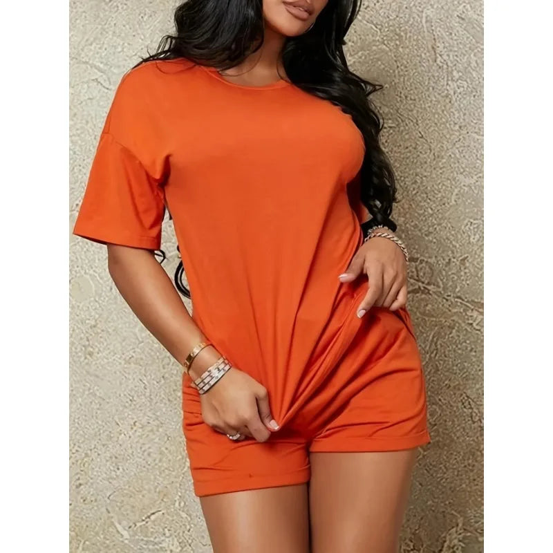 Women Plus Size Casual Summer O-neck Solid Color Crop Top Shorts Two Pieces Sets Ladies Short Sleeve Tops Shorts Women Suit