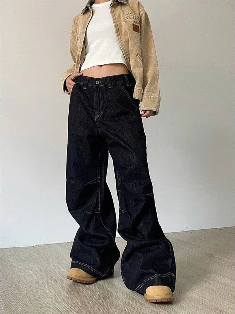 Vintage Y2K Wide Leg Loose Jeans Women Harajuku High Waist Baggy Denim Pants Korean Fashion Streetwear New Black Cowboy Trousers